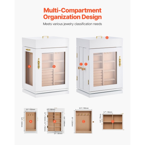 VEVOR 360° Rotating Jewelry Box, Jewelry Organizer with Magnetic Door, Acrylic Window and Built-in 4 Necklace Hooks, Spacious Storage Case with Metal