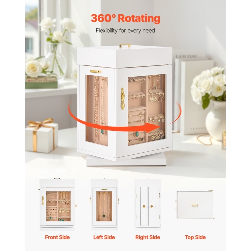 VEVOR 360° Rotating Jewelry Box, Jewelry Organizer with Magnetic Door, Acrylic Window and Built-in 4 Necklace Hooks, Spacious Storage Case with Metal