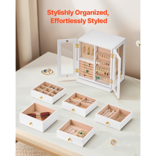 VEVOR 5 Drawers Jewelry Box, 360° Rotating Jewelry Organizer, Acrylic Window, 4 Necklace Hooks on Each Side, Spacious Storage Case with Metal