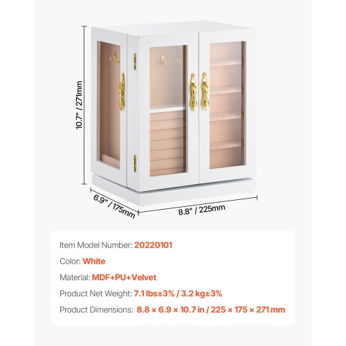 VEVOR 5 Drawers Jewelry Box, 360° Rotating Jewelry Organizer, Acrylic Window, 4 Necklace Hooks on Each Side, Spacious Storage Case with Metal