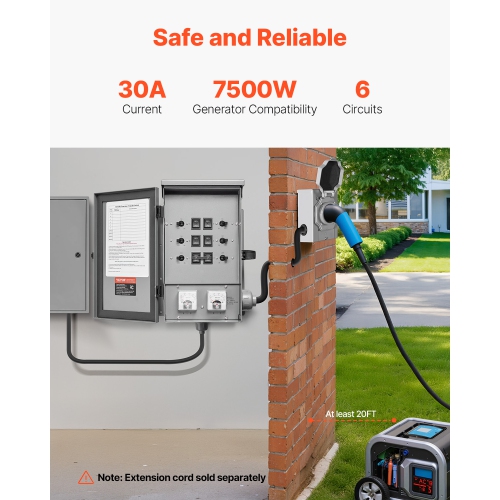 VEVOR 30-Amp Manual Transfer Switch, 6-Circuit, Prewired Generator Transfer Switch Kit with NEMA L14-30P Power Inlet Box, Double-Throw Switch, NEMA