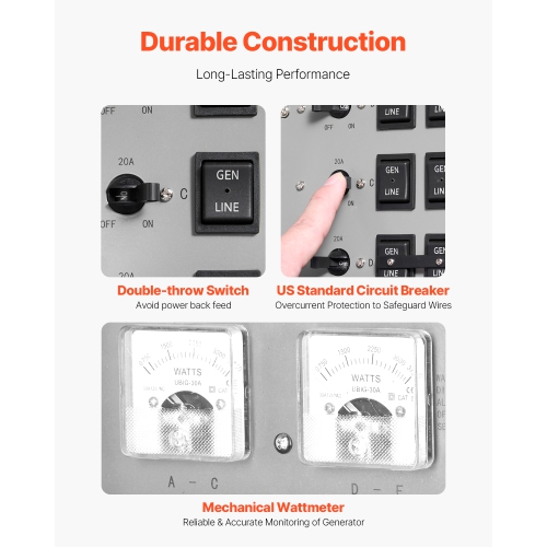 VEVOR 30-Amp Manual Transfer Switch, 6-Circuit, Prewired Generator Transfer Switch Kit with NEMA L14-30P Power Inlet Box, Double-Throw Switch, NEMA