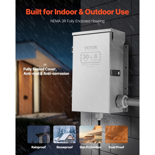 VEVOR 30-Amp Manual Transfer Switch, 6-Circuit, Prewired Generator Transfer Switch Kit with NEMA L14-30P Power Inlet Box, Double-Throw Switch, NEMA