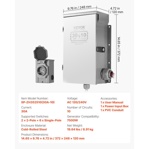 VEVOR 30-Amp Manual Transfer Switch, 10-Circuit, Prewired Generator Transfer Switch Kit with NEMA L14-30P Power Inlet Box, Double-Throw Switch, NEMA
