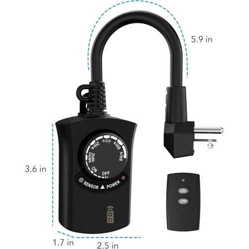 HBN Outdoor Light Timer: Waterproof & Weatherproof, Dusk-to-Dawn Photocell Sensor, Remote Control, 2-8H Countdown, 1 Grounded Outlet, 15A 1875W