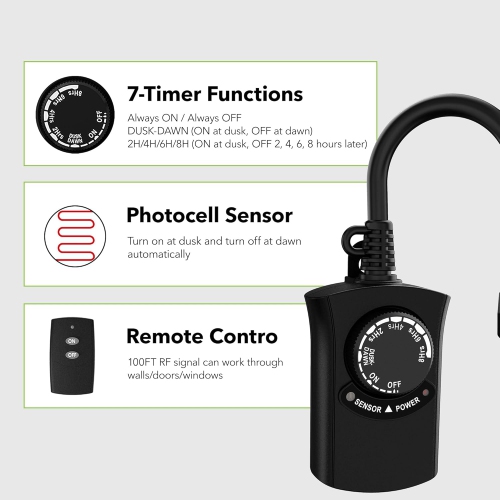 HBN Outdoor Light Timer: Waterproof & Weatherproof, Dusk-to-Dawn Photocell Sensor, Remote Control, 2-8H Countdown, 1 Grounded Outlet, 15A 1875W