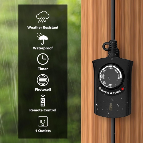 HBN Outdoor Light Timer: Waterproof & Weatherproof, Dusk-to-Dawn Photocell Sensor, Remote Control, 2-8H Countdown, 1 Grounded Outlet, 15A 1875W