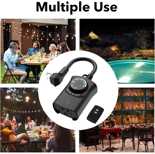 HBN Outdoor Light Timer: Waterproof & Weatherproof, Dusk-to-Dawn Photocell Sensor, Remote Control, 2-8H Countdown, 1 Grounded Outlet, 15A 1875W