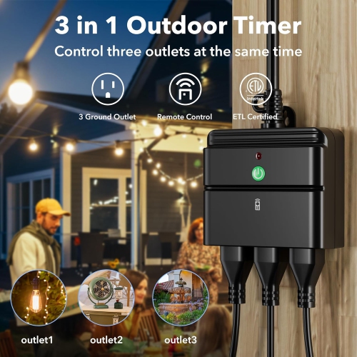 BN-LINK Wireless Outlet: Indoor/outdoor, 3-prong. 100ft range, 15AMP, weatherproof, ETL (batt incl).