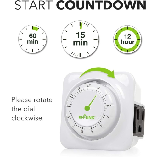 BN-LINK 12-Hour Indoor Timer: 3-prong, 15-min increments – kitchen/chargers/lamps. 1875W, 1/2HP, ETL