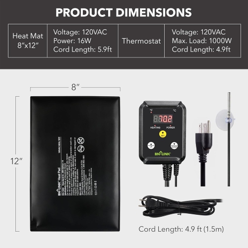 BN-LINK – Chaufferette pour reptile de 8 x 12&nbsp;po&nbsp;: Thermostat numérique combiné