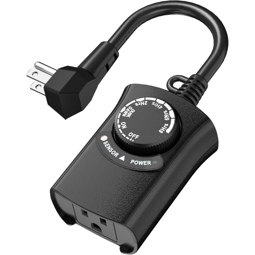 HBN Outdoor Light Timer: Waterproof, Dusk-to-Dawn Photocell + 2-8H Countdown, 1 Grounded Outlet, 15A 1875W 1/2HP, Black