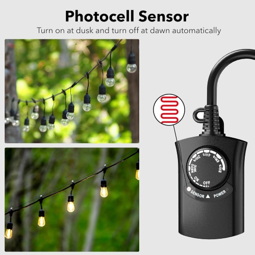 HBN Outdoor Light Timer: Waterproof, Dusk-to-Dawn Photocell + 2-8H Countdown, 1 Grounded Outlet, 15A 1875W 1/2HP, Black