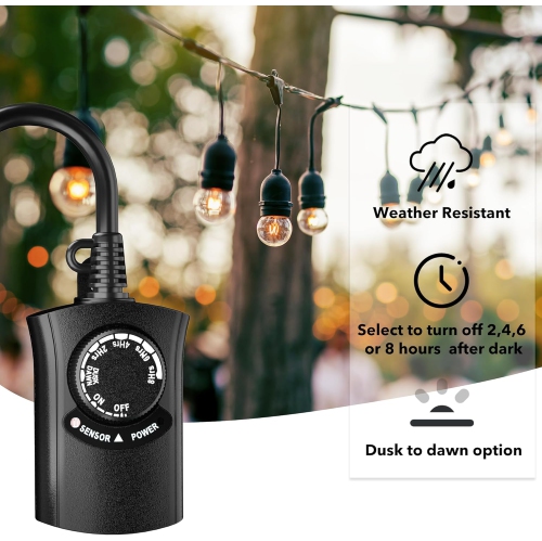 HBN Outdoor Light Timer: Waterproof, Dusk-to-Dawn Photocell + 2-8H Countdown, 1 Grounded Outlet, 15A 1875W 1/2HP, Black