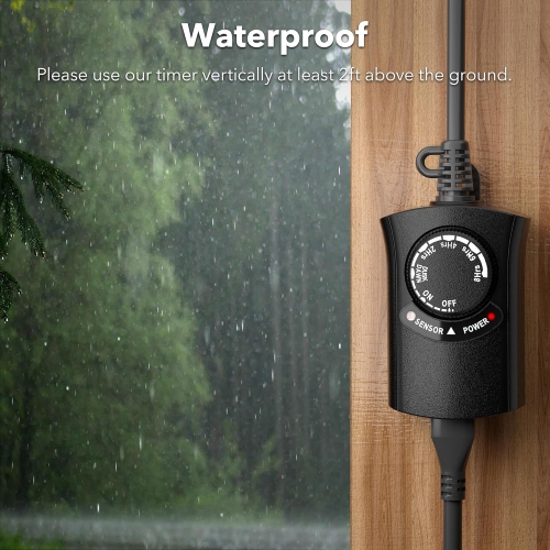HBN Outdoor Light Timer: Waterproof, Dusk-to-Dawn Photocell + 2-8H Countdown, 1 Grounded Outlet, 15A 1875W 1/2HP, Black