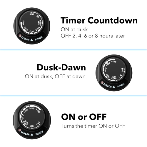 HBN Outdoor Light Timer: Waterproof, Dusk-to-Dawn Photocell + 2-8H Countdown, 1 Grounded Outlet, 15A 1875W 1/2HP, Black