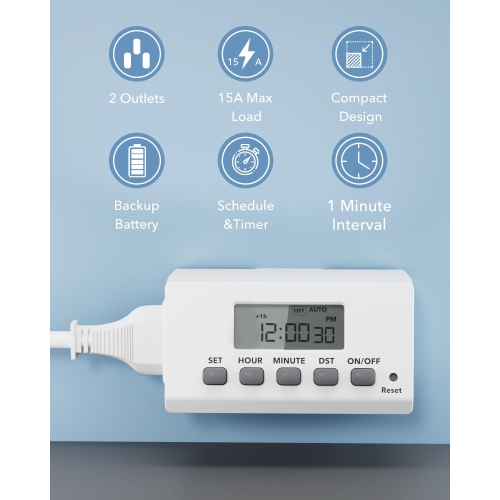 BN-LINK 24-Hour Digital Timer: Indoor 2-prong, LCD – for lights, fans. 15A/1875W.