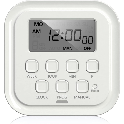 HBN 7-Day Heavy Duty Digital Timer: Dual 3-Prong Outlets, Programmable On/Off, Indoor for Lamps/Lights/Appliances, 125V 15A 1875W 60Hz, White