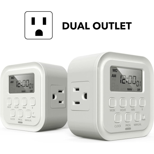 HBN 7-Day Heavy Duty Digital Timer: Dual 3-Prong Outlets, Programmable On/Off, Indoor for Lamps/Lights/Appliances, 125V 15A 1875W 60Hz, White