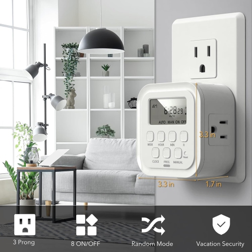 HBN 7-Day Heavy Duty Digital Timer: Dual 3-Prong Outlets, Programmable On/Off, Indoor for Lamps/Lights/Appliances, 125V 15A 1875W 60Hz, White