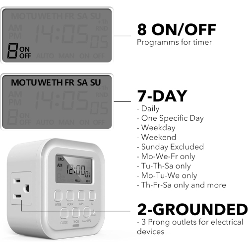 HBN 7-Day Heavy Duty Digital Timer: Dual 3-Prong Outlets, Programmable On/Off, Indoor for Lamps/Lights/Appliances, 125V 15A 1875W 60Hz, White