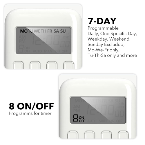 BN-LINK 7-Day Digital Timer Outlet, 3-Prong, Programmable, Indoor, 125V 15A 1875W 60Hz