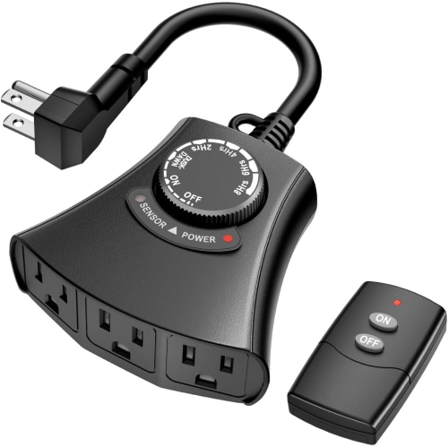 HBN Outdoor Light Timer: Waterproof/Weatherproof, Dusk-to-Dawn Photocell, Remote + 2/4/6/8H Countdown, 1 Grounded Outlet, 1875W 15A 1/2HP, Black