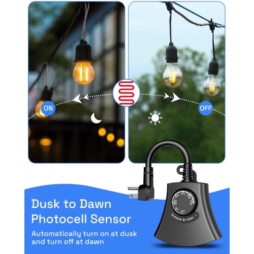HBN Outdoor Light Timer: Waterproof/Weatherproof, Dusk-to-Dawn Photocell, Remote + 2/4/6/8H Countdown, 1 Grounded Outlet, 1875W 15A 1/2HP, Black