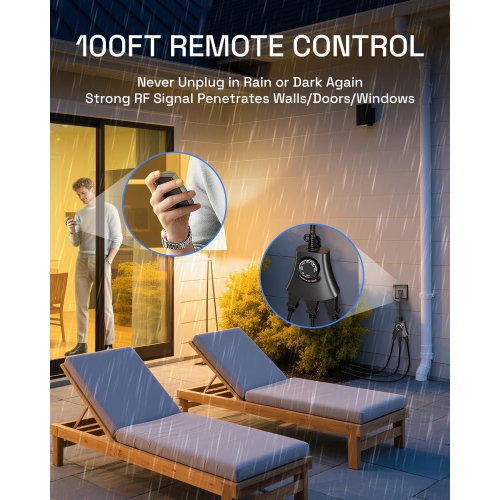 HBN Outdoor Light Timer: Waterproof/Weatherproof, Dusk-to-Dawn Photocell, Remote + 2/4/6/8H Countdown, 1 Grounded Outlet, 1875W 15A 1/2HP, Black