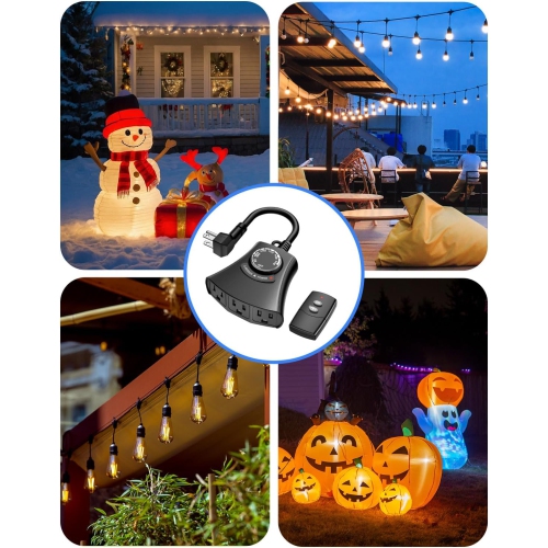 HBN Outdoor Light Timer: Waterproof/Weatherproof, Dusk-to-Dawn Photocell, Remote + 2/4/6/8H Countdown, 1 Grounded Outlet, 1875W 15A 1/2HP, Black