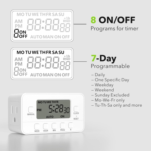 BN-LINK 7-Day Heavy Duty Digital Timer, Dual Outlet, LCD, 3-Prong, 125V 15A 1875W, 2 Pack