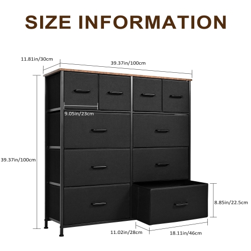 Commode pour chambre à coucher avec 10 tiroirs de rangement, cadre en métal en bois pour téléviseur Meuble en tissu, tiroirs, range-tout, tour de