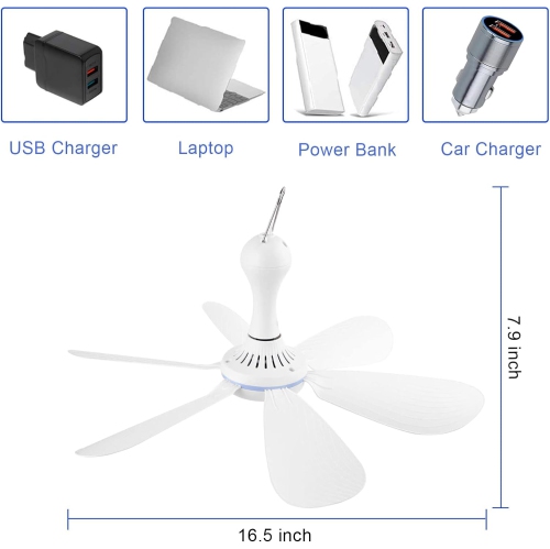 Silent USB Powered Ceiling Fan with Remote Control Timing 4 Speed,Quiet Small DC Plug-in Ceiling Fan Hanging Fan for Camping Bed RV Tent Canopy Room
