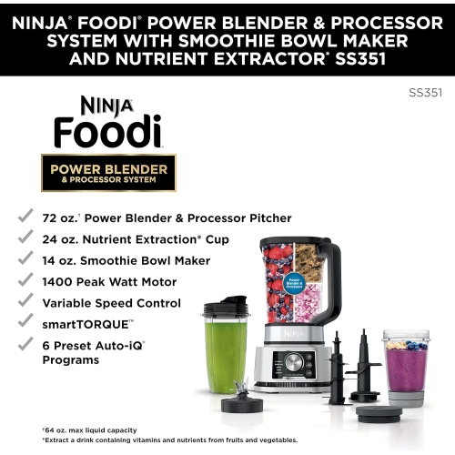 Ninja Foodi Power Blender & Processor System with Smoothie Bowl Maker and Nutrient Extractor, Black/Silver - Canadian Edition 72oz