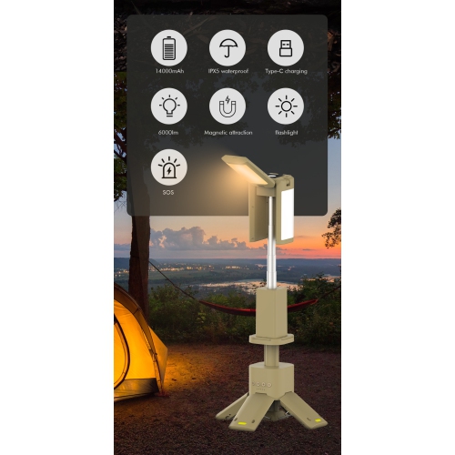 Telescopic Camping Lantern with Tripod - 14000mAh, Stepless Dimming, 180° Rotating Lamp Head, Durable and Waterproof, Magnetic Base and Data Display