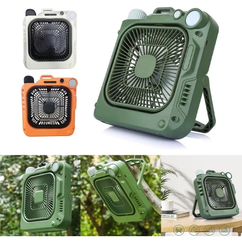 Ventilateur de table de camping extérieur – Ventilateur portatif rechargeable avec lampe LED, ventilateur oscillant silencieux, idéal pour le bureau,