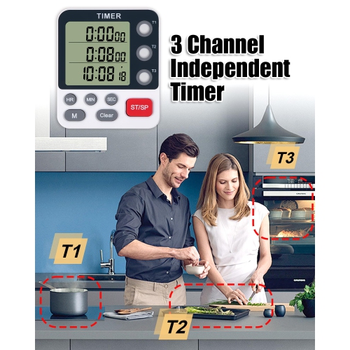 Digital Kitchen Timer, Portable Three-Channel Timer with Alarm, Large Display, Mini Food Timer, Suitable for Kitchen and Barbecue