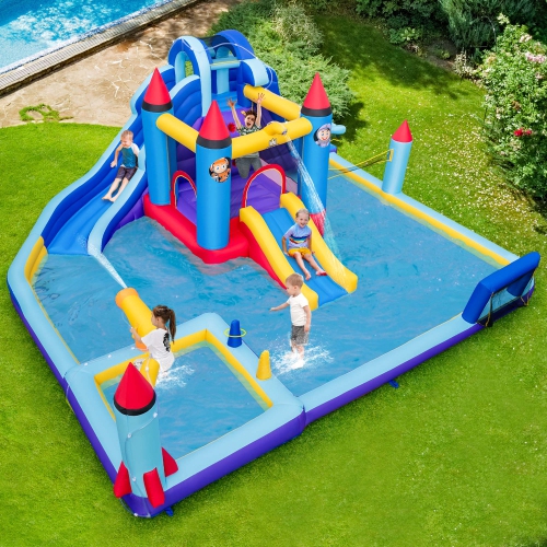 Costway Rocket Theme Inflatable Water Slide Park with 2 Slides Splash Pool & 950W Blower