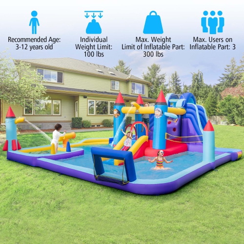 Costway Rocket Theme Inflatable Water Slide Park with 2 Slides Splash Pool & 950W Blower
