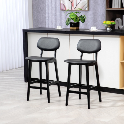 HOMCOM Modern Bar Stools Set of 2, PU Leather Upholstered Counter Height Barstools, Bar Chairs for Kitchen with Footrest and Solid Wood Legs, Black