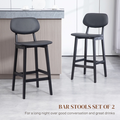 HOMCOM Modern Bar Stools Set of 2, PU Leather Upholstered Counter Height Barstools, Bar Chairs for Kitchen with Footrest and Solid Wood Legs, Black