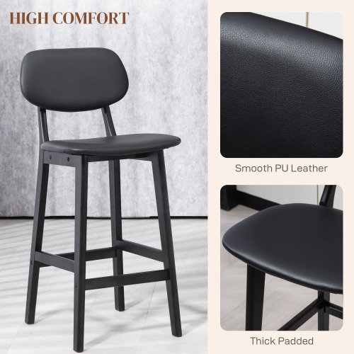 HOMCOM Modern Bar Stools Set of 2, PU Leather Upholstered Counter Height Barstools, Bar Chairs for Kitchen with Footrest and Solid Wood Legs, Black