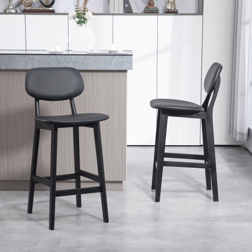 HOMCOM Modern Bar Stools Set of 2, PU Leather Upholstered Counter Height Barstools, Bar Chairs for Kitchen with Footrest and Solid Wood Legs, Black