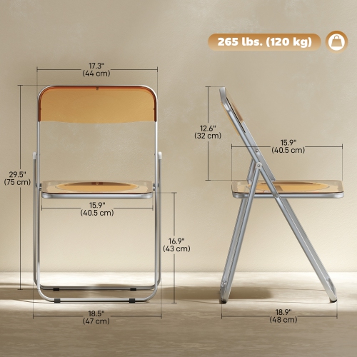 HOMCOM Acrylic Folding Chairs Set of 4, Transparent Foldable Chairs for Living Room, Home Office, Indoor, Party Event, Orange
