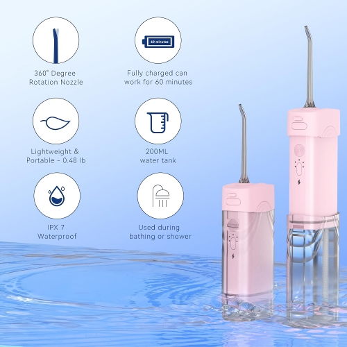 Hydropulseur dentaire rechargeable, 200&nbsp;ml, irrigateur oral portatif à dents avec 5 pointes de jet, étanche IPX7, réservoir d'eau télescopique