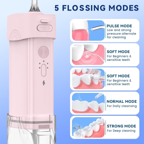 Hydropulseur dentaire rechargeable, 200&nbsp;ml, irrigateur oral portatif à dents avec 5 pointes de jet, étanche IPX7, réservoir d'eau télescopique