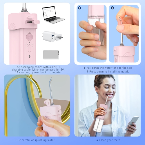 Hydropulseur dentaire rechargeable, 200&nbsp;ml, irrigateur oral portatif à dents avec 5 pointes de jet, étanche IPX7, réservoir d'eau télescopique