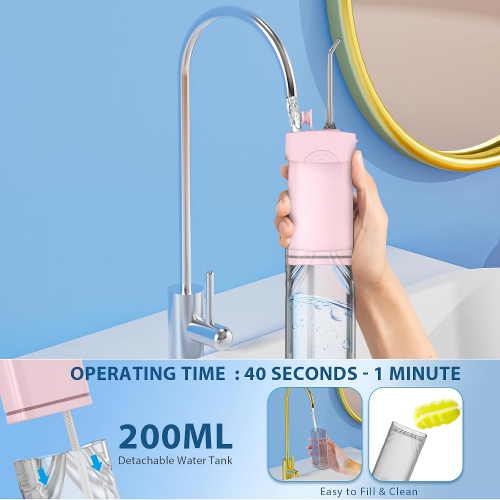 Hydropulseur dentaire rechargeable, 200&nbsp;ml, irrigateur oral portatif à dents avec 5 pointes de jet, étanche IPX7, réservoir d'eau télescopique