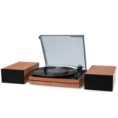 Tourne-disque vinyle avec deux haut-parleurs externes 15&nbsp;W Bluetooth Vintage Tourne-disque CD/cassette Sortie RCA R612 - Rouge-brun