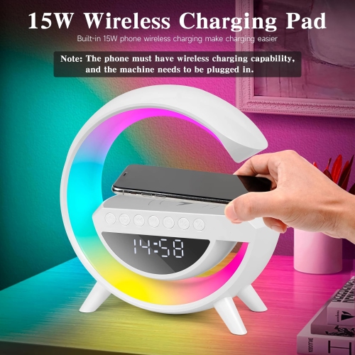 LED Wireless Charging Bluetooth Speaker, Bedside Phone Charging Station with RGB Lights, Bluetooth Audio, Alarm Clock